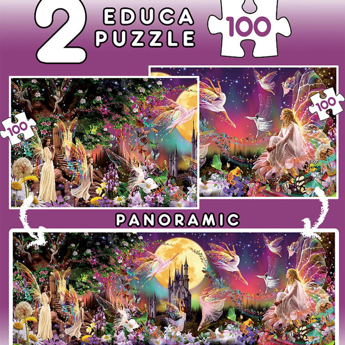 Educa Puzzle 2x100 pièces Tríptico de Hadas Panoramique pour Enfants à partir de 6 ans - Réf. 19291