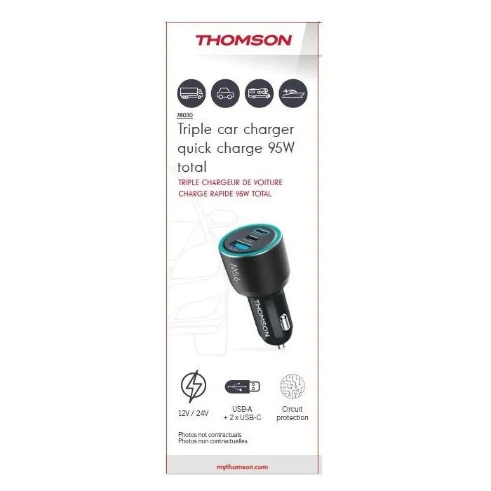 Thomson Chargeur Voiture 95W 12/24V avec 2 Ports USB-C PD 65W + PD 30W et Port USB-A QC 3.0 18W pour Charge Rapide Smartphone, Tablette, GPS