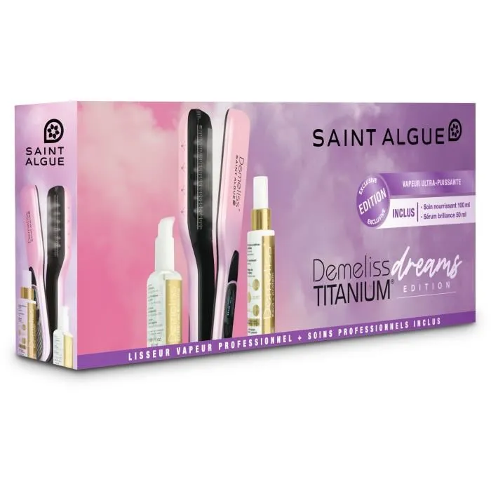Saint Algue Coffret Lisseur Vapeur Titanium Dreams avec Réservoir XL 40 min et Soins - Température Réglable 150°C à 230°C et Peigne Intégré