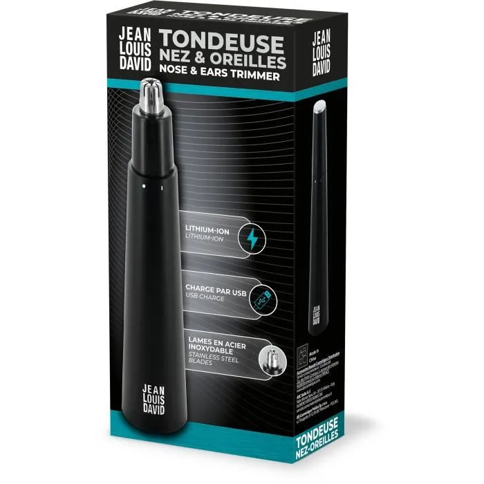 Jean Louis David Tondeuse nez et oreilles rechargeable USB, lames acier inoxydable, coupe circulaire indolore, batterie lithium-ion, design compact de voyage