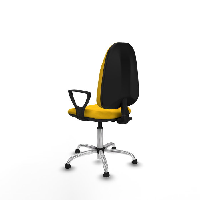 Chaise de bureau Algarra avec mécanisme de contact permanent de base, recouverte de tissu jaune. Équipée d'une base chromée, d'accoudoirs fixes et de butées