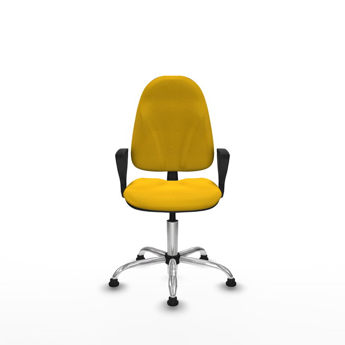Chaise de bureau Algarra avec mécanisme de contact permanent de base, recouverte de tissu jaune. Équipée d'une base chromée, d'accoudoirs fixes et de butées