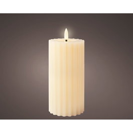Lumineo Bougie LED cire avec effet flamme, beige, surface relief Ø7,5 x 17,3 cm, intérieur, minuterie 6h, autonomie 250h, piles AAA non incluses