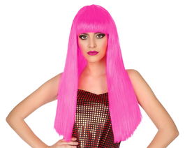 Perruque longue lisse rose avec frange - 60 cm, 120 g - Idéale cosplay, carnaval, style kawaii et fête déguisée