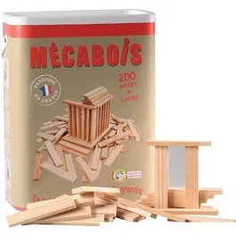 Mécabois Jeu de Construction, Baril de 200 Planchettes en Bois Pin Naturel PEFC, Fabriqué en France, Jouet Éducatif pour Enfants dès 3 ans