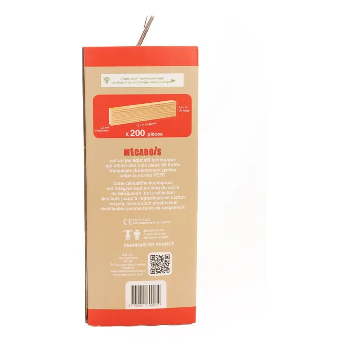 Mécabois - Jeu de construction éducatif - 200 Planchettes en Bois de Pin Naturel PEFC - Fabriqué en France - À partir de 3 ans