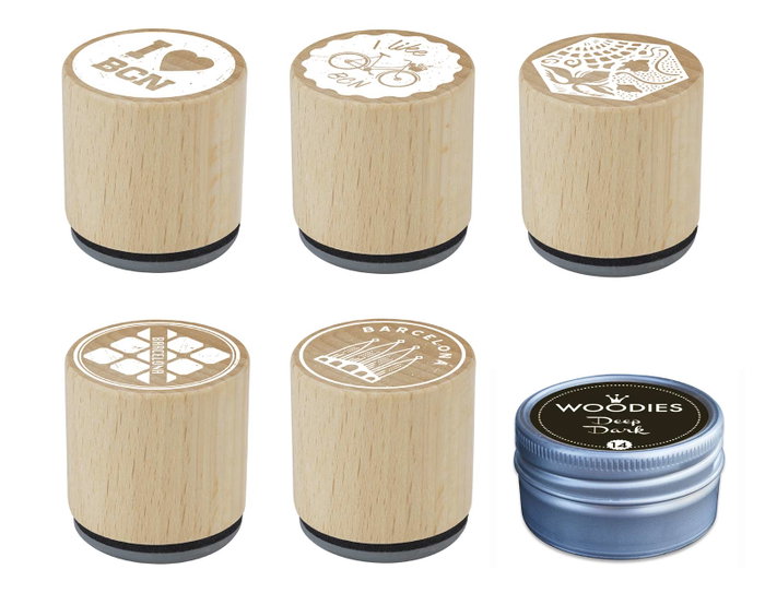 Innspiro Kit 5 Tampons en Bois Barcelona Sentimental et Encre Noire Innspiro Kit 5 Tampons en Bois Barcelona Sentimental et Encre Noire