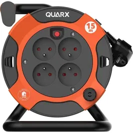Quarx - Enrouleur de câble bricolage 15 m, câble H05VV-F 3G1.5mm², 3000W déroulé, avec disjoncteur thermique et poignée ergonomique