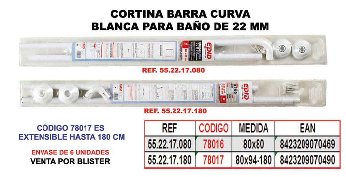 Barre de douche courbe blanche 80x94 extensible à 180 cm, 22 mm Barre de douche courbe blanche 80x94 extensible à 180 cm, 22 mm