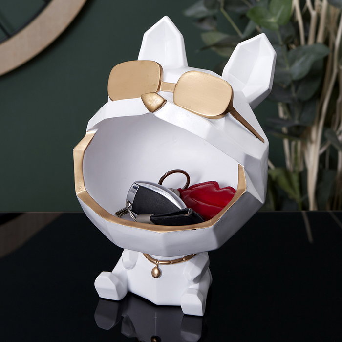 Home Deco Factory Sculpture vide-poche chien avec lunettes Blanc