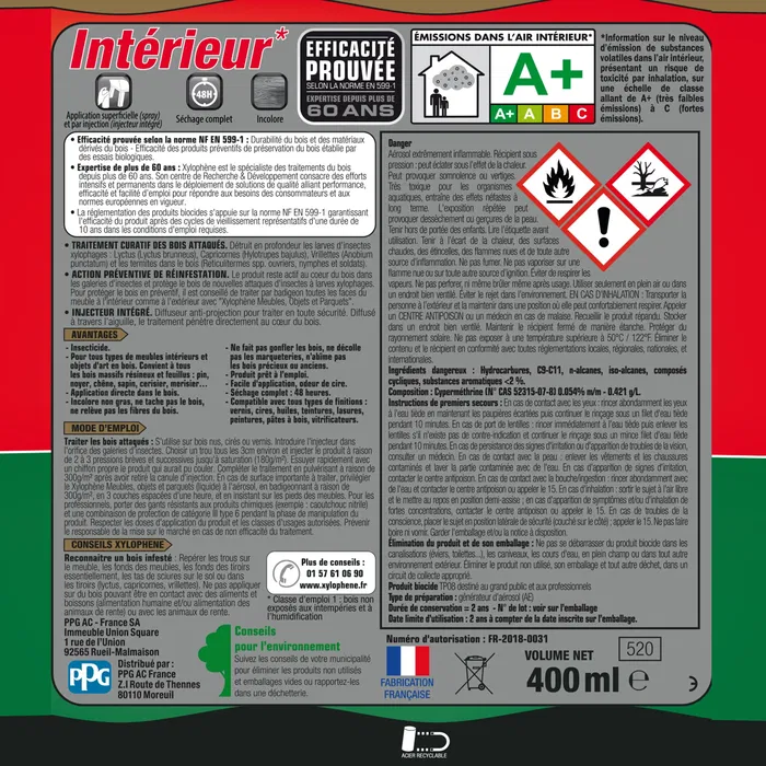 Xylophene - Traitement bois meubles, parquets et objets 400 ml - Incolore - Action préventive et curative contre insectes et champignons
