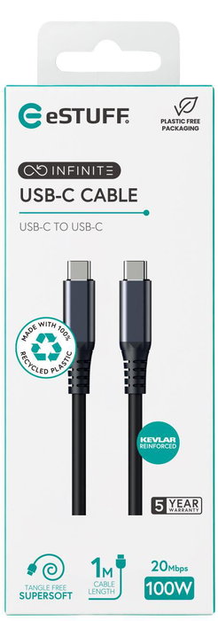 eSTUFF INFINITE Câble USB-C Super Souple 1 m - 100W, 20 Gbps USB4 Gen2x2, 8K/60Hz, Recyclé, Kevlar, 35 000 Flexions