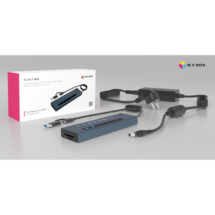 Icy IB-HUB1742CR-C2PD Hub 11-en-1 USB-C avec PD et Lecteur de cartes, Argent