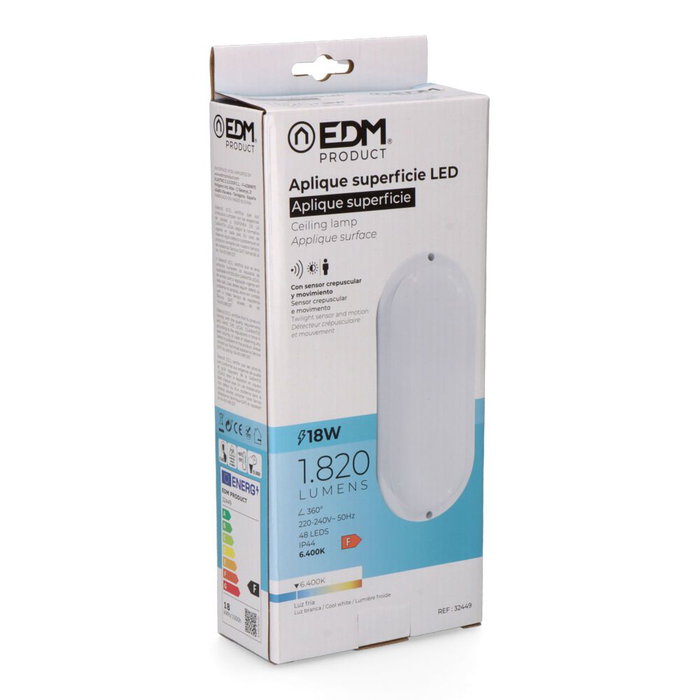 Edm Aplique LED ovale avec détecteur de mouvement et crépusculaire 18W 1820lm 6400K lumière froide 23x10cm