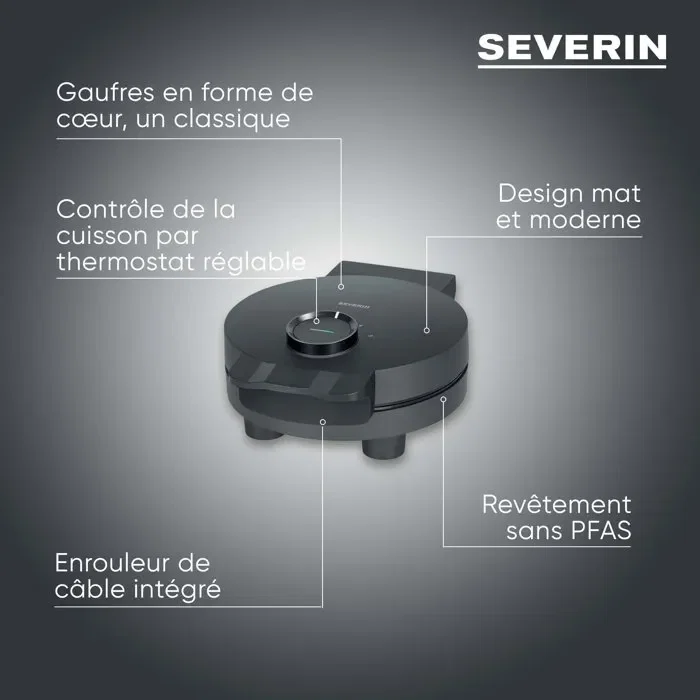 Severin WA2116 Gaufrier 1200 W Noir avec Revêtement Céramique Antiadhésif et Formes de Cœur Severin WA2116 Gaufrier 1200 W Noir avec Revêtement Céramique Antiadhésif et Formes de Cœur