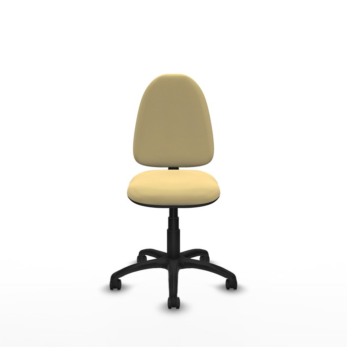 Chaise de bureau Aýna avec mécanisme de contact permanent de base, rembourrée de simili cuir couleur crème. Équipée d'une base en polyamide noir, sans accoudoirs et avec roulettes pour parquet