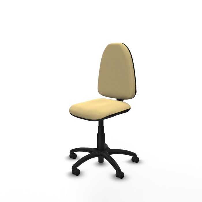 Chaise de bureau Aýna avec mécanisme de contact permanent de base, rembourrée de simili cuir couleur crème. Équipée d'une base en polyamide noir, sans accoudoirs et avec roulettes pour parquet