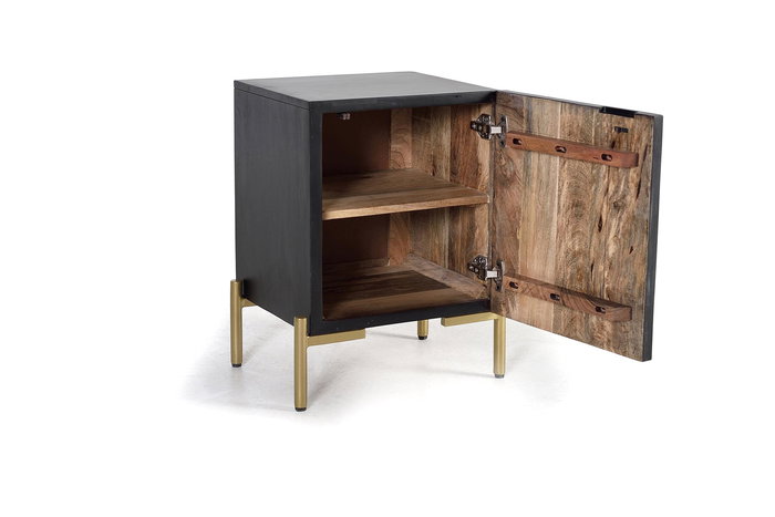 GINER Y COLOMER Table de chevet en bois de manguier avec tiroir et pieds métal - 60x43x40 cm - Coloris Noyer foncé