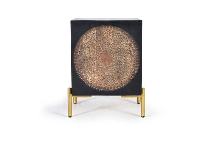 GINER Y COLOMER Table de chevet en bois de manguier avec tiroir et pieds métal - 60x43x40 cm - Coloris Noyer foncé