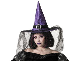 atosa Sombrero de Bruja Morado con Velo Negro y Broche Brillante