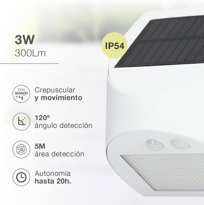 GSC Evolution Applique solaire LED Kolam Blanche 3W 4000K avec capteur de mouvement et crépusculaire
