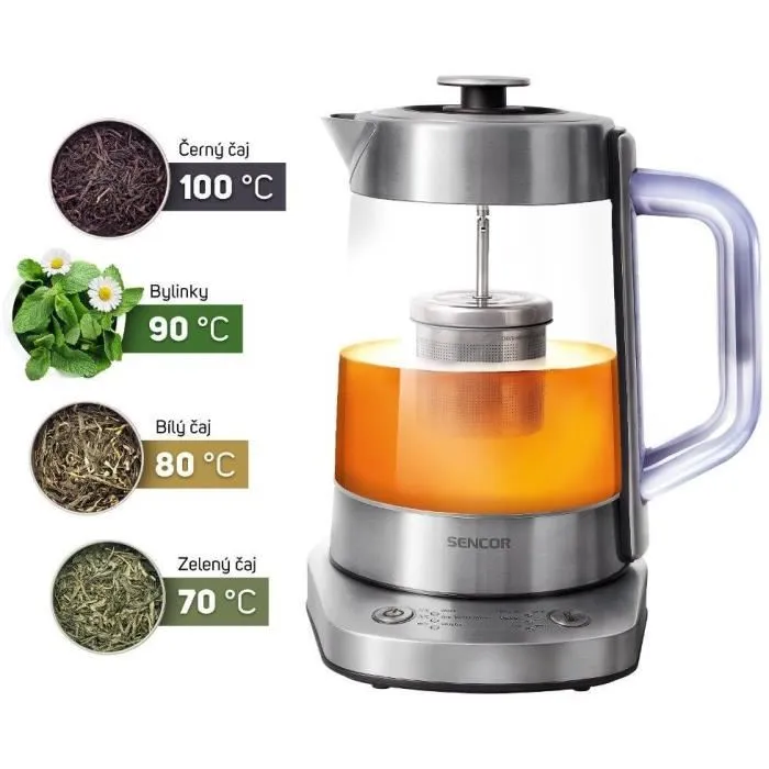 Sencor SWK 1590SS Bouilloire électrique avec théière, 1.5L, acier inoxydable, contrôle électronique de température 70-100°C, maintien au chaud, 1500W