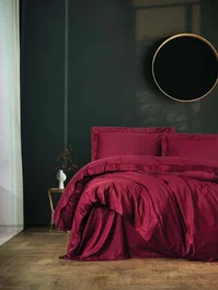 Parure de lit en satin de coton Rouge bordeaux - 140 x 200 cm, 2 taies d'oreiller