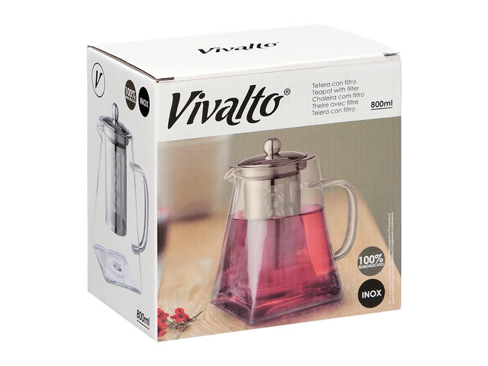 Vivalto Tetera avec Filtre en Acier 800 ml Verre Transparent Métal 15x15x10 cm (Set de 12)