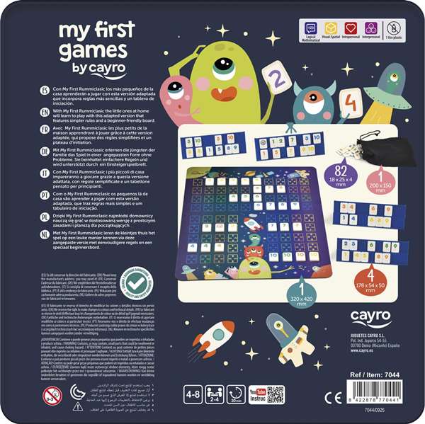 Cayro Jeu de société Mon premier Rummikub - Version voyage en boîte métallique avec tapis de jeu lavable 32x42 cm - Multilingue