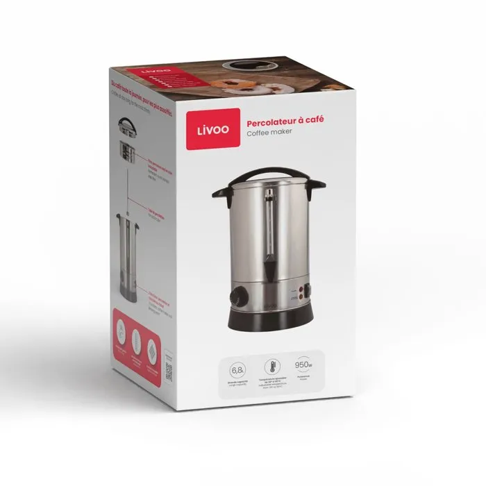 Livoo DOM397 Percolateur à café électrique 950 W, 6,8 L (40 tasses), cuve acier inoxydable, filtre permanent, thermostat ajustable, robinet anti-gouttes Livoo DOM397 Percolateur à café électrique 950 W, 6,8 L (40 tasses), cuve acier inoxydable, filtre permanent, thermostat ajustable, robinet anti-gouttes