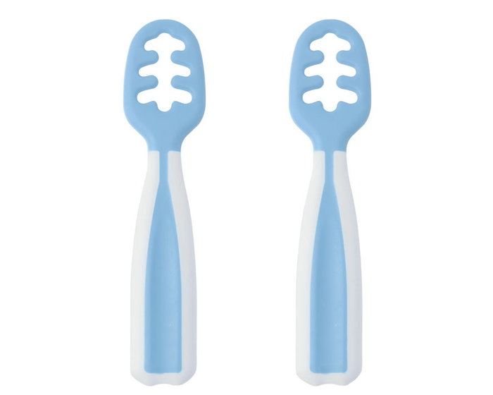 KioKids Set de 2 Precucharas d'Entraînement Bleues pour Bébé +6 Mois - Cuillère de Sevrage, Aide à l'Alimentation Autonome, Mordedor pour Poussée Dentaire