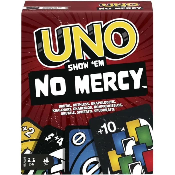 Mattel Games - UNO No Mercy - Jeu de cartes édition spéciale avec nouvelles règles, pour 2 joueurs ou plus, à partir de 7 ans Mattel Games - UNO No Mercy - Jeu de cartes édition spéciale avec nouvelles règles, pour 2 joueurs ou plus, à partir de 7 ans