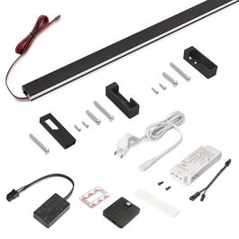 Emuca Kit barre pour armoire Luxe, ruban LED 4,5x8 Neonlynx V, détecteur de mouvement RF Smart et convertisseur Smart (24V DC), longueur 1.150mm, Lumière blanche chaude 2.700K, Aluminium et Plastique, Peint en noir texturé