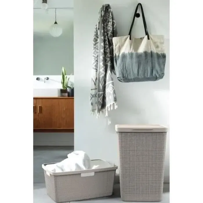 Curver Coffre à linge en jute de 58 litres couleur beige, rangement pratique pour buanderie