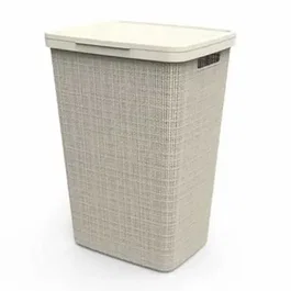 Curver Coffre à linge en jute de 58 litres couleur beige, rangement pratique pour buanderie