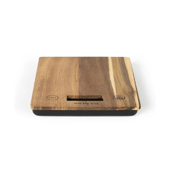 Livoo DOM492 Balance de cuisine électronique en bois d'acacia, plateau en acacia, capacité max 5 kg, 4 unités de mesure, écran LCD