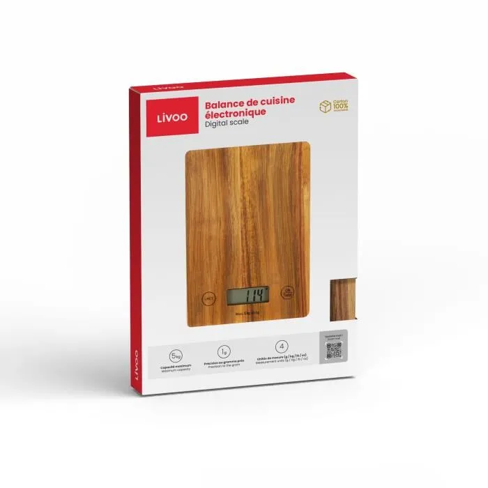 Livoo DOM492 Balance de cuisine électronique en bois d'acacia, plateau en acacia, capacité max 5 kg, 4 unités de mesure, écran LCD