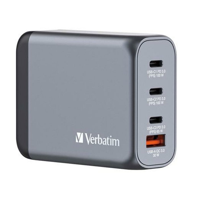 Verbatim GNC-100 Chargeur mural GaN 100W - 4 ports (2x USB-C 100W, 1x USB-C 65W, 1x USB-A QC 3.0) - Gris