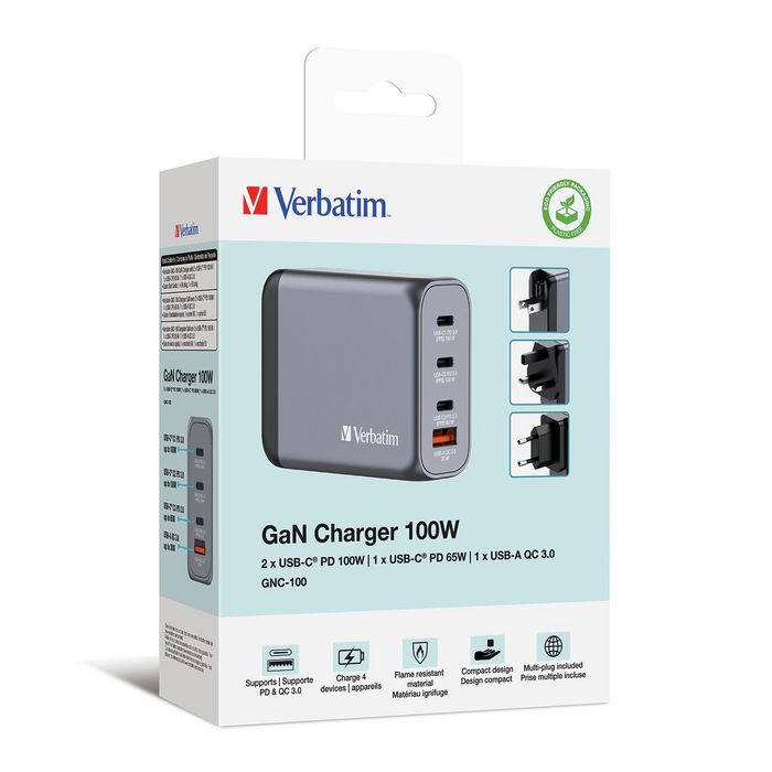 Verbatim GNC-100 Chargeur mural GaN 100W avec 2 ports USB-C PD 100W, 1 port USB-C PD 65W et 1 port USB-A QC 3.0 (fiches EU/UK/US)