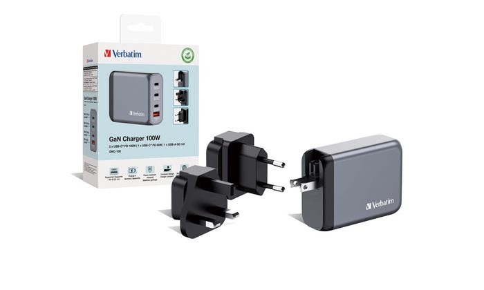 Verbatim GNC-100 Chargeur mural GaN 100W avec 2 ports USB-C PD 100W, 1 port USB-C PD 65W et 1 port USB-A QC 3.0 (fiches EU/UK/US)