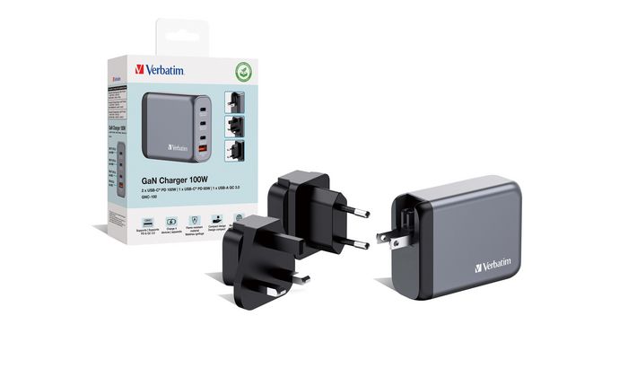 Verbatim GNC-100 Chargeur mural GaN 100W avec 2 ports USB-C PD 100W, 1 port USB-C PD 65W et 1 port USB-A QC 3.0 (fiches EU/UK/US)