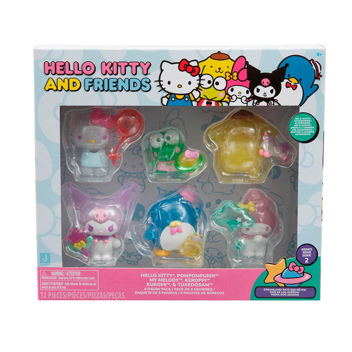 FAMOSA Pack de 6 figurines Hello Kitty - 5 cm - Personnages : Kuromi, Poppompurin, My Melody, Keroppi, Tuxedo Sam