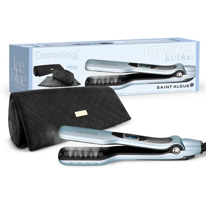 Saint Algue Demeliss Titanium Ice Blue 26 Lisseur vapeur avec fonction vapeur et trousse Saint Algue Demeliss Titanium Ice Blue 26 Lisseur vapeur avec fonction vapeur et trousse