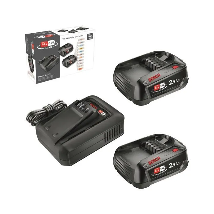 Bosch Pack 2 batteries 18V 2.5 Ah + chargeur AL 18V-44 - Système POWER FOR ALL 18V - Charge rapide 44 min - Pour outils sans fil
