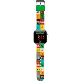 Kids Licensing MIN4272 Montre LED Minecraft, montre pour enfant avec changement de fond d'écran, affichage heure et date, pile fournie CR2032