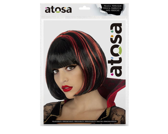 Perruque courte lisse noire avec mèches rouges pour déguisement de vampire femme, déguisement halloween et cosplay