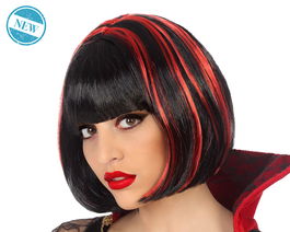Perruque courte lisse noire avec mèches rouges pour déguisement de vampire femme, déguisement halloween et cosplay