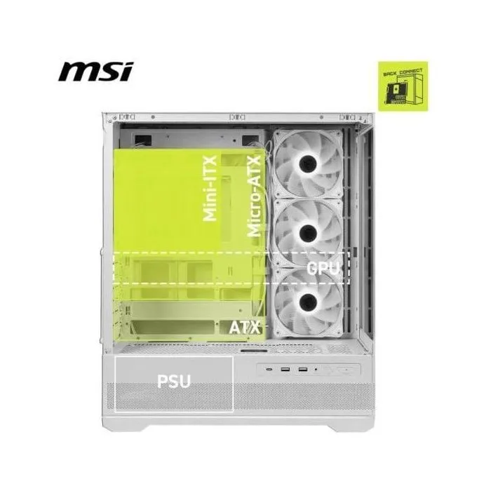 MSI MAG Pano 110R PZ - Boîtier PC ATX Moyen Tour Blanc avec vue panoramique à 270°, verre trempé et ventilation optimisée