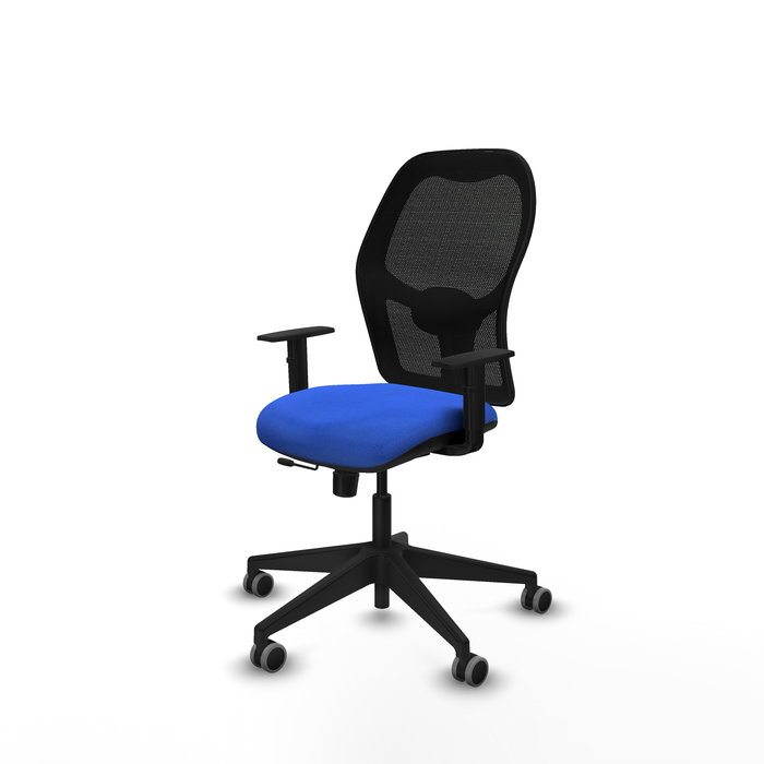 Chaise Alocén Synchrone/Traslack tissu Bleu Maille Noir Base pyramidale noire Accoudoir 1D Sans appui-tête Roulettes 65mm pour moquette