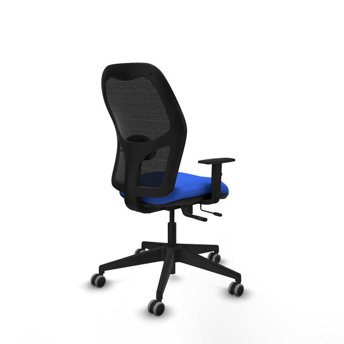 Chaise Alocén Synchrone/Traslack tissu Bleu Maille Noir Base pyramidale noire Accoudoir 1D Sans appui-tête Roulettes 65mm pour moquette